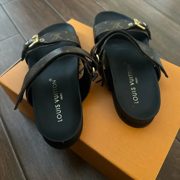 Louis Vuitton Bom Dia Black and Brown Monogram Slides - Picture 2 of 3